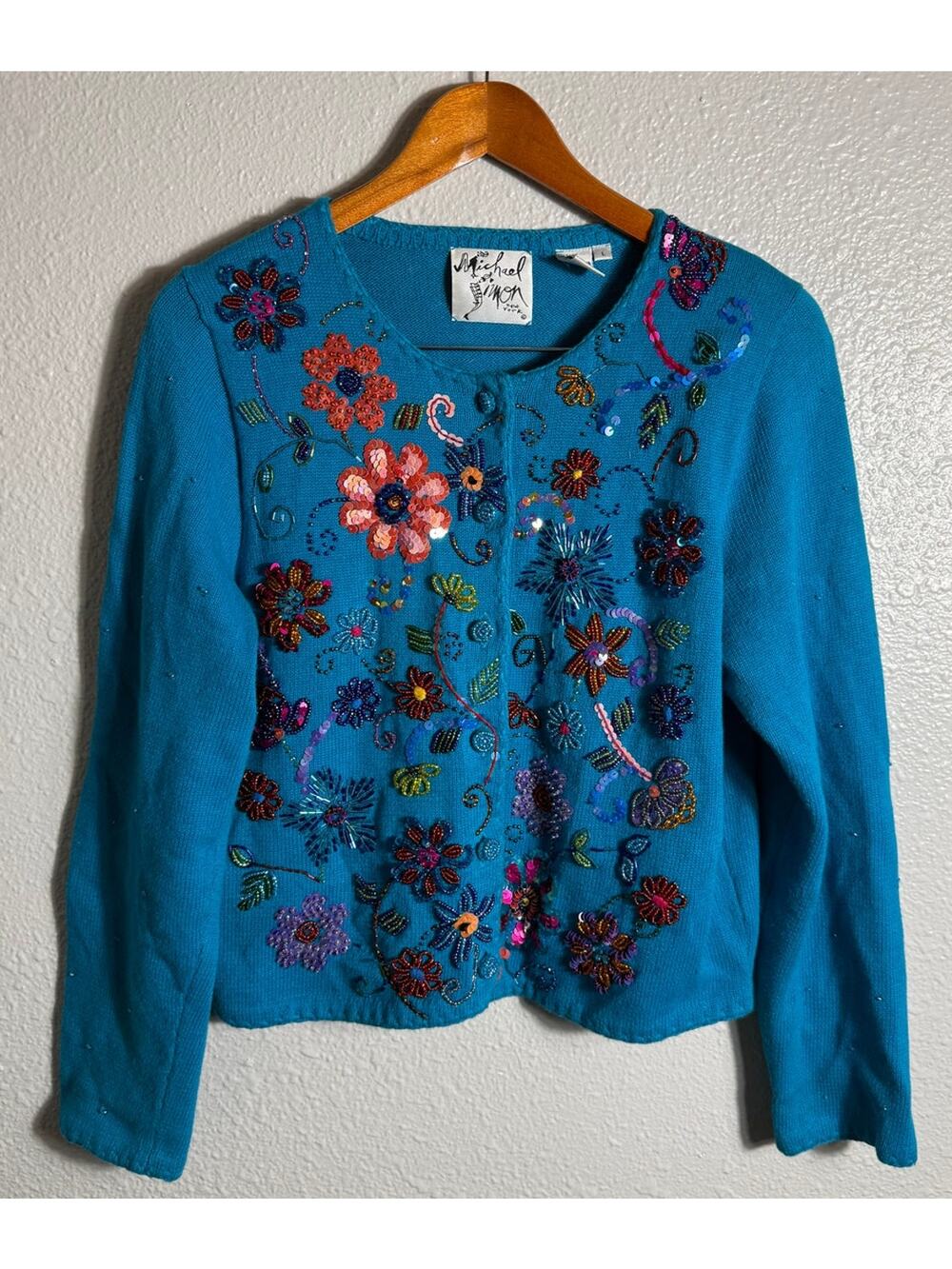 Vintage 1998 Michael Simon Floral Sequin Button Up Cardigan Size Large